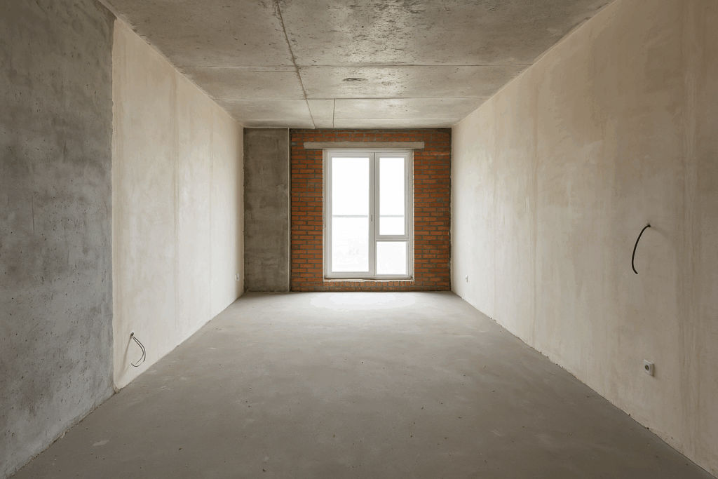Intérieur d’un appartement en plateau avec murs en briques rouges, sans aménagement, prêt à être estimé avant rénovation.