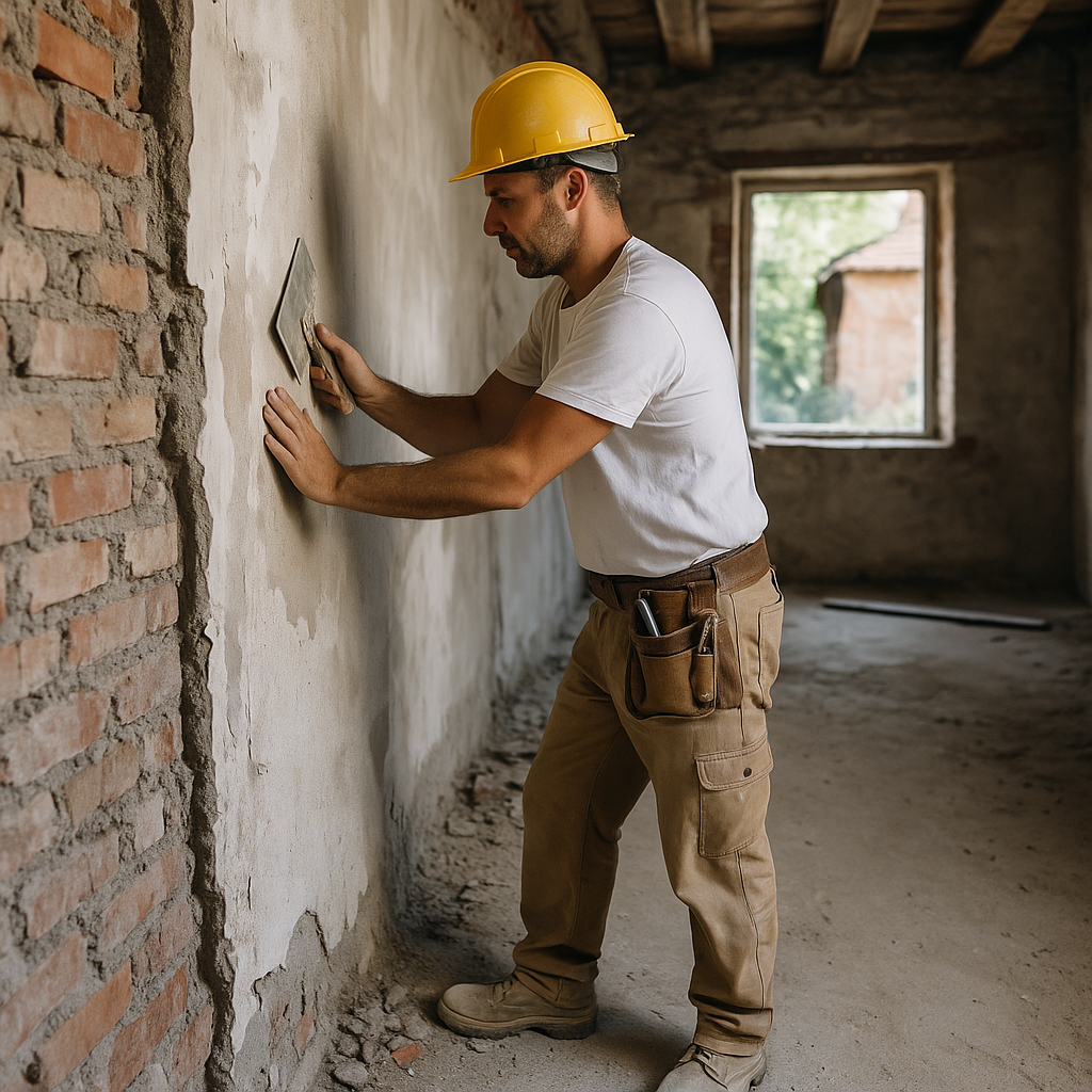 Un ouvrier en casque jaune rénove un mur dans un logement en plateau avec murs bruts, illustrant les travaux avant transformation.