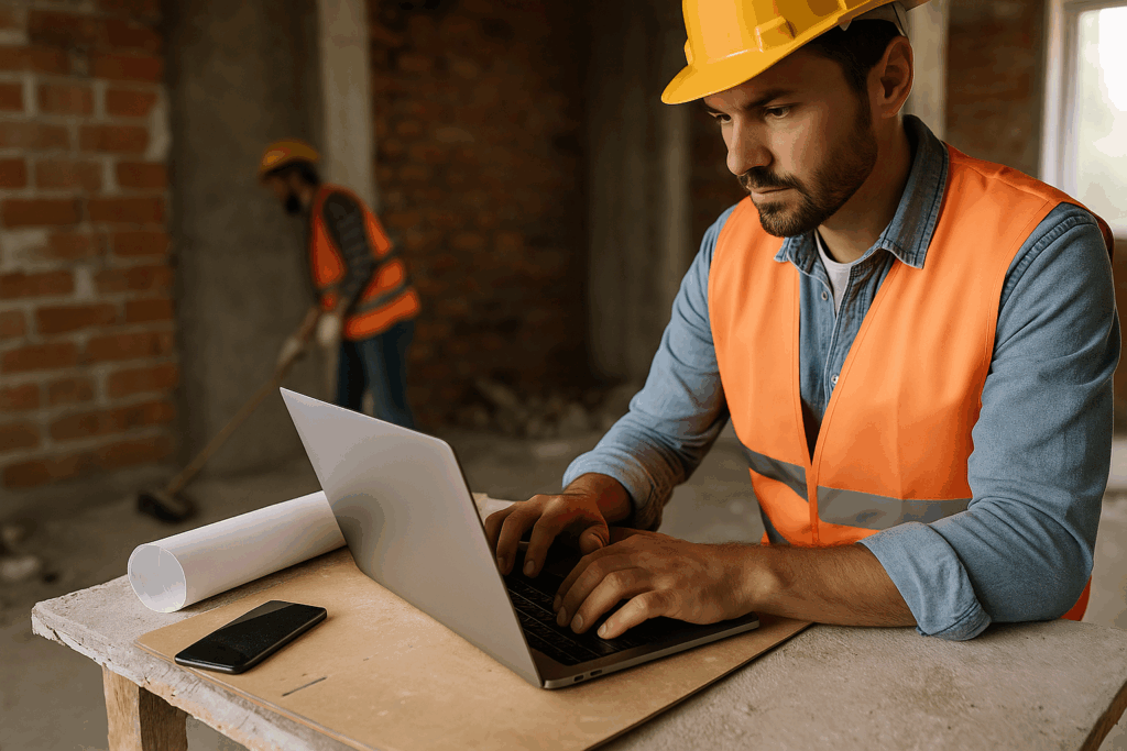 Chef de chantier en gilet orange et casque jaune travaillant sur ordinateur portable sur un site en rénovation, combinant gestion de terrain et pilotage de projet.