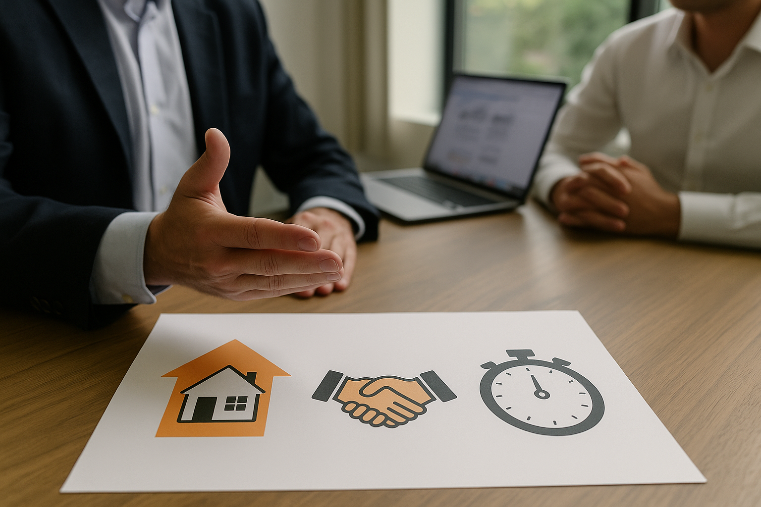 Deux professionnels en discussion autour d’un dossier immobilier illustrant maison, poignée de main et chrono, symboles de vente rapide, crédible et efficace.