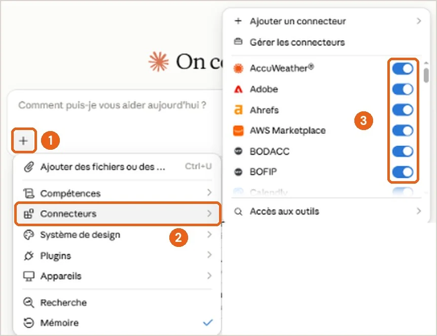 Menu + d’une conversation Claude, sous-menu Connecteurs pour activer ou couper chaque connecteur