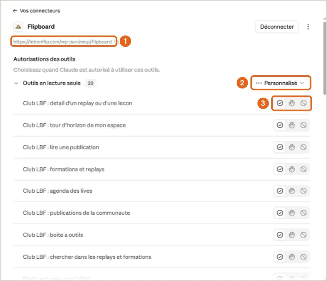 Réglage des autorisations des outils du connecteur LeBonFlip dans Claude