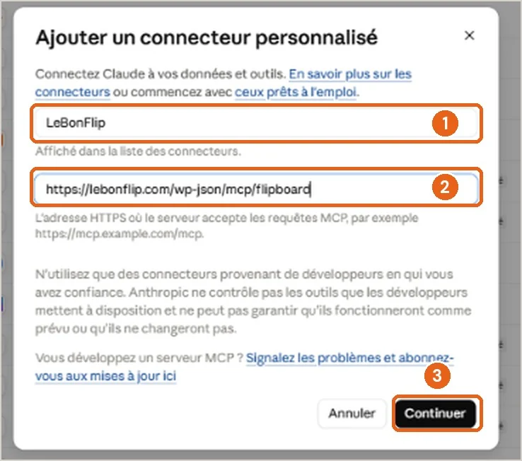 Fenêtre Ajouter un connecteur personnalisé remplie avec le nom LeBonFlip et l’URL du serveur MCP