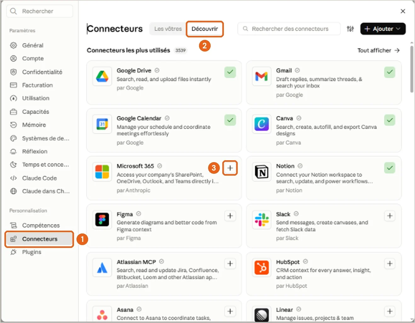 Dans Claude : Personnalisation, Connecteurs, onglet Découvrir, avec le + sur la carte du connecteur